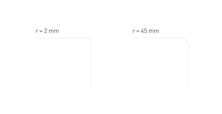 Eckenradien: 2mm oder 45 mm